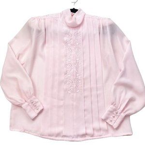 Vintage LaBlouse Pink Pleated Embroidered Long Sleeve Blouse Size 6